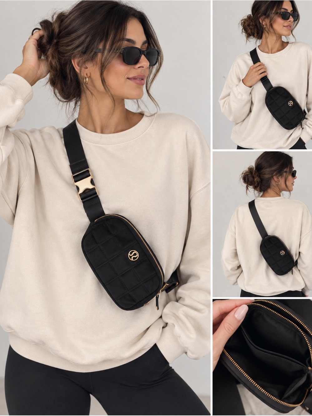 Quilted Black Crossbody Sling Bag with Gold Hardware